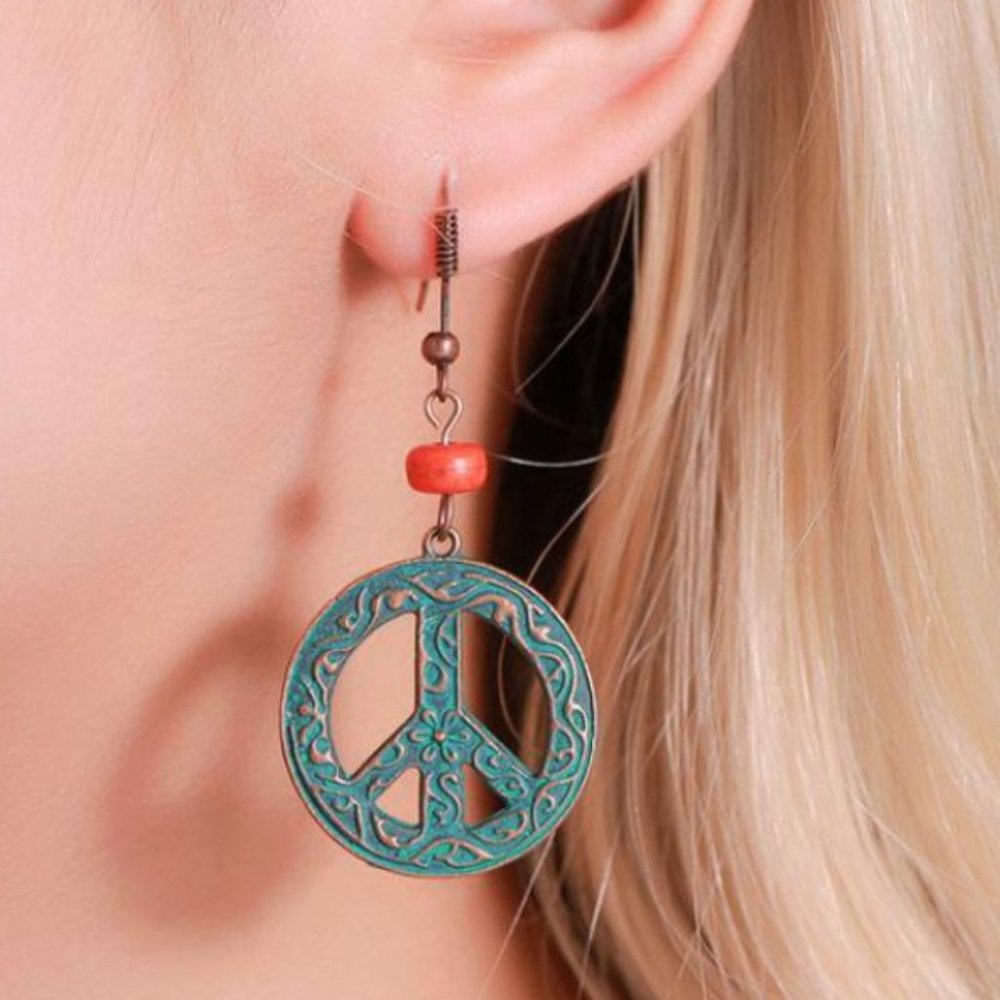 Boho Gypsy Festival Vintage Peace Sign Dangle Earrings